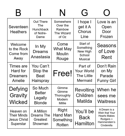 Musical Theatre Bingo Card
