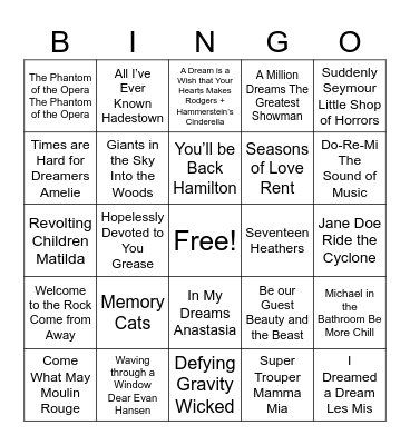 Musical Theatre Bingo Card