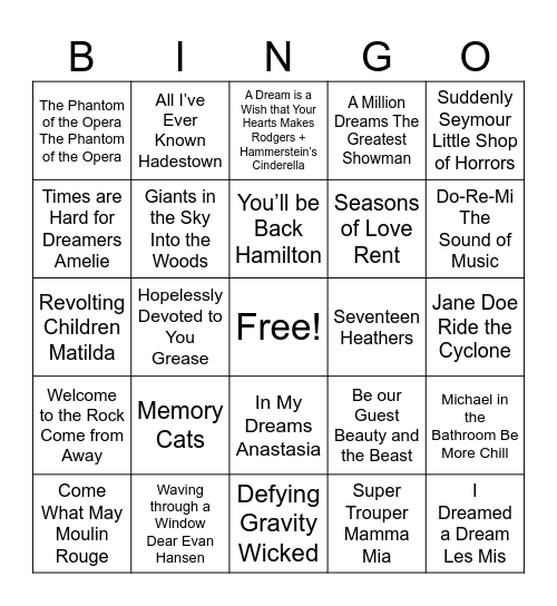 Musical Theatre Bingo Card