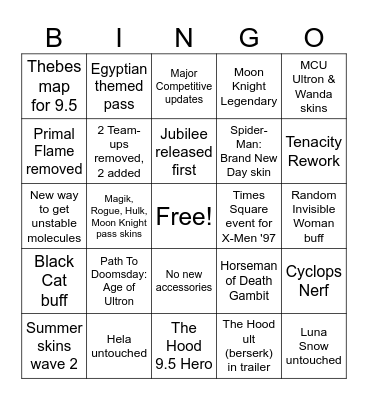 Marvel Rivals Szn 9 Bingo Card