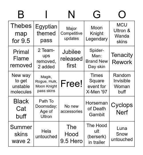 Marvel Rivals Szn 9 Bingo Card