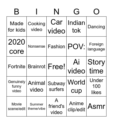 Tiktok bingo Card