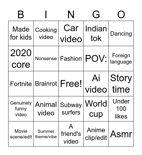 Tiktok bingo Card