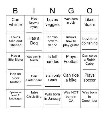 YOUTH HUMAN BINGO Card