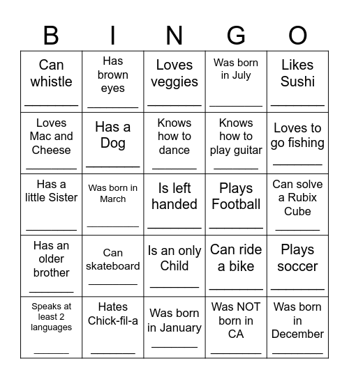 YOUTH HUMAN BINGO Card