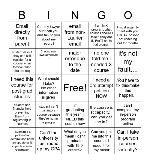 Course Registration Bingo Card