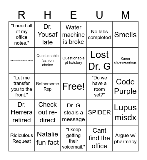 RHEUMATOLOGY BINGO Card