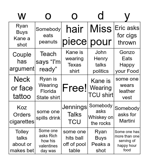 Woody's Fun Bingo Card