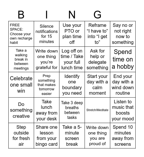 July Wellness Challenge - Recharge & Reset Bingo Card