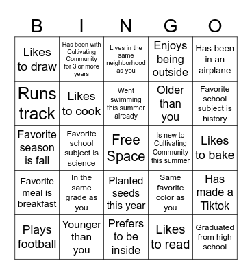 Cultivating Community Bingo Card