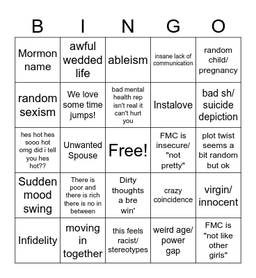 Bad Book Bingo Card