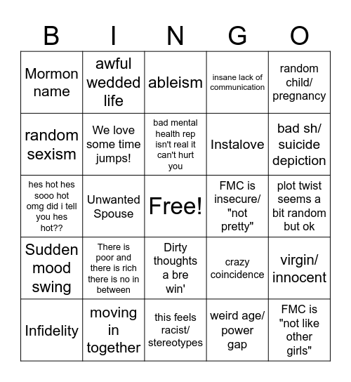 Bad Book Bingo Card