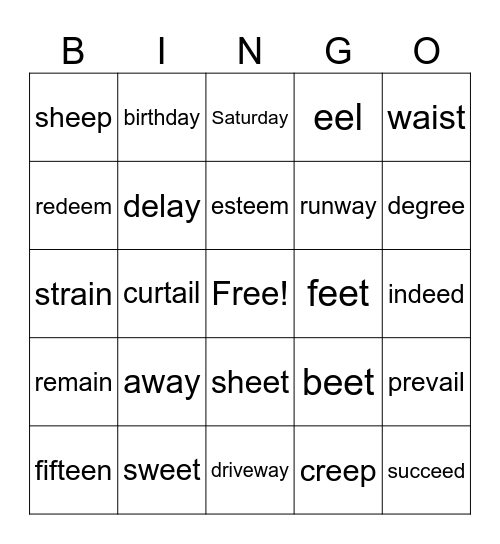 ee vowel team Bingo Card