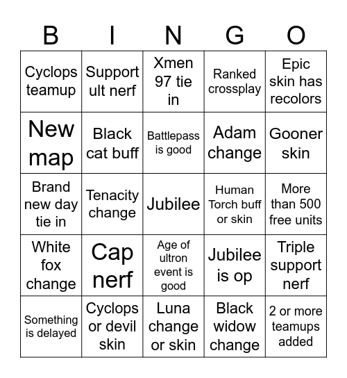 S9 marvel rivals dev vision Bingo Card