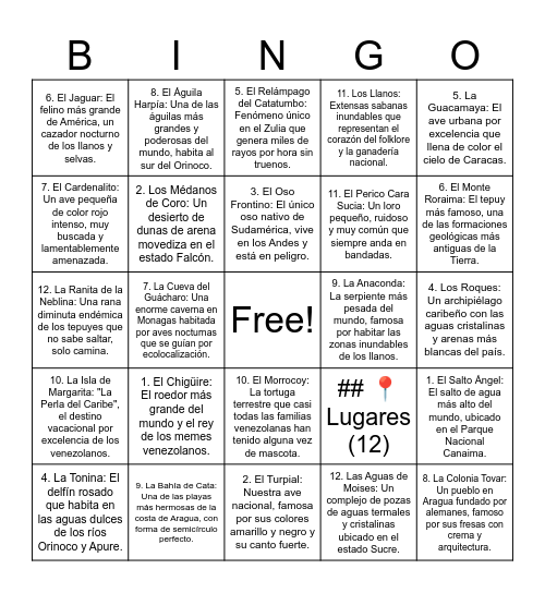 Bingo de Lugares y Animales de Venezuela Bingo Card