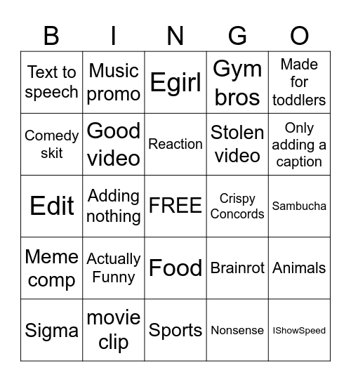 Youtube shorts bingo Card