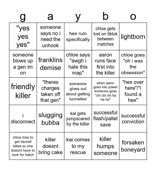 dead by daylight Bingo Card
