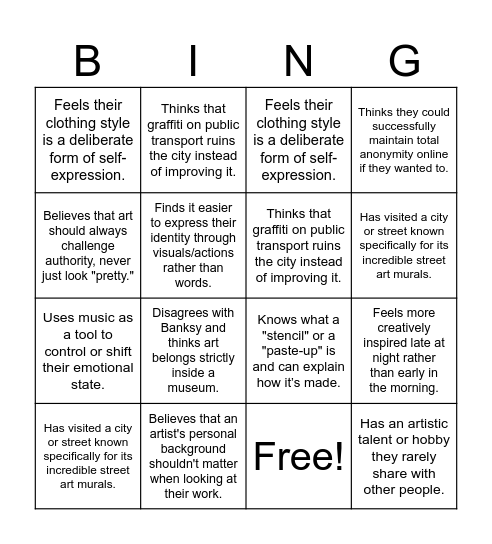 Self expression through art Bingo Card