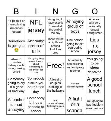 School Bingo Card