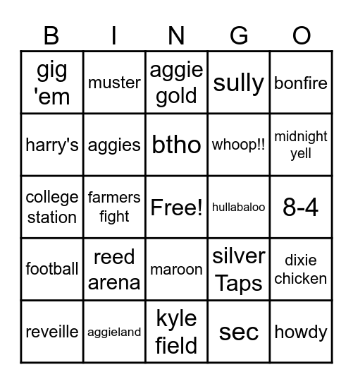 Texas A&M Bingo!! Bingo Card