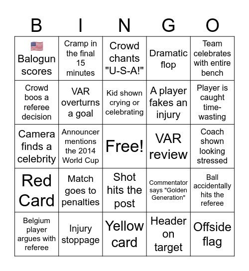 USA vs Belgium Bingo Card
