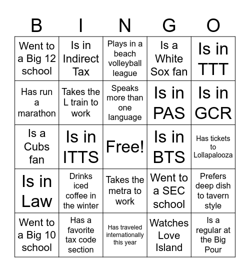 Chicago Tax Bootcamp Bingo Card