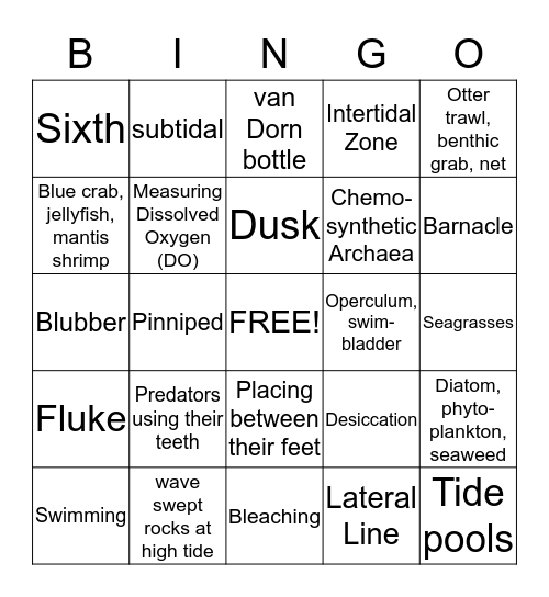Marine Bio Final Exam Bingo Card