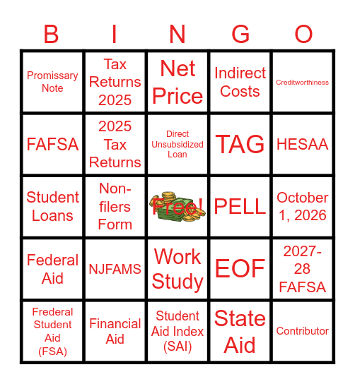 Financial Aid Key Terms Bingo Card