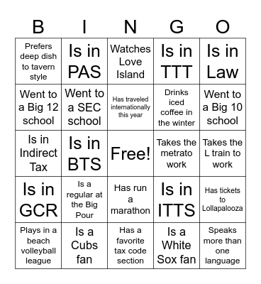 Chicago Tax Bootcamp Bingo Card
