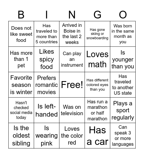 Get to Know You Bingo! Bingo Card