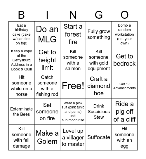 Minecraft Bingo Card