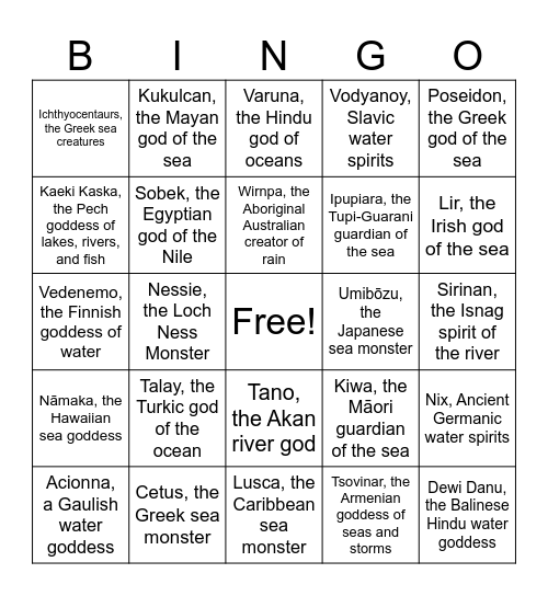 Water Mythology Bingo Card