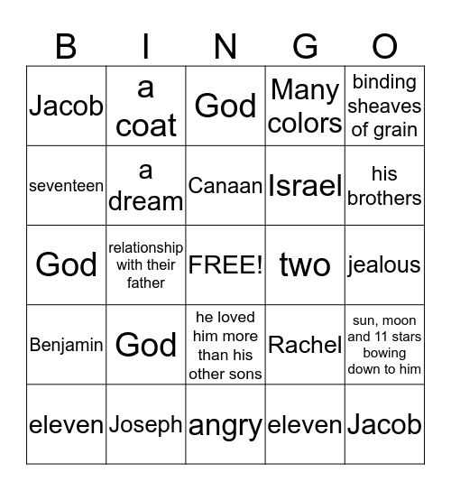 Joseph Bingo Card
