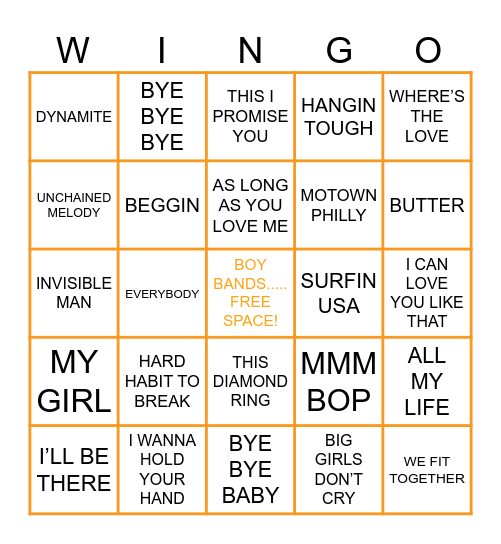Boy bands Bingo Card
