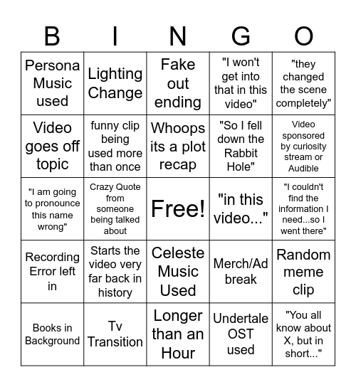 Video Essay Bingo Card