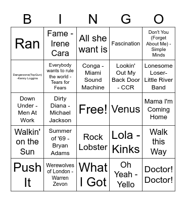 CRAZY K'S MUSIC BINGO MIX#4 Bingo Card
