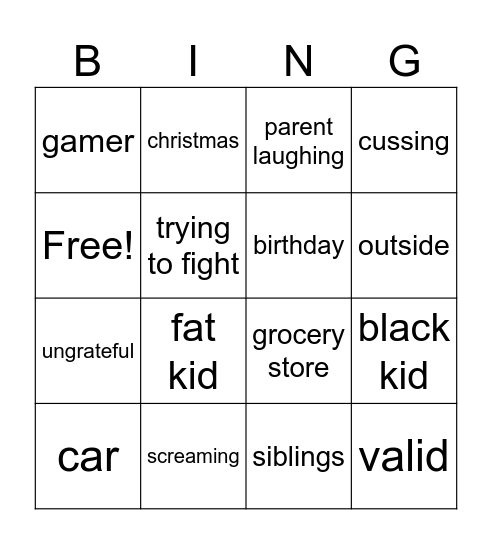 kid crash outs Bingo Card