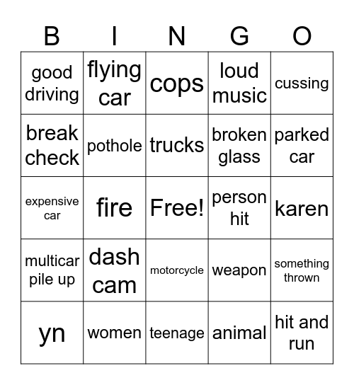 car crash Bingo Card