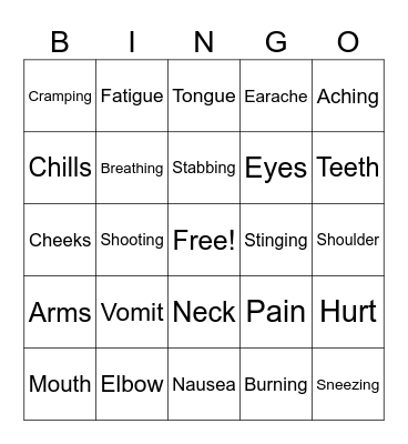 Body Parts and Symptoms Bingo Card