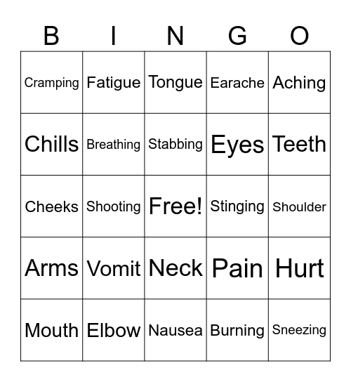 Body Parts and Symptoms Bingo Card