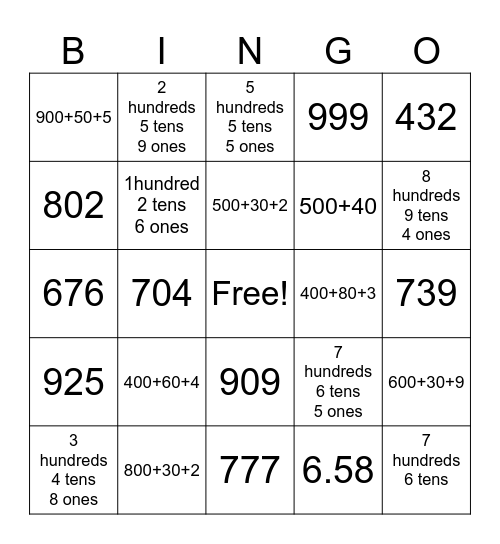 Place Value Bingo Card