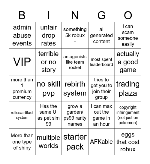 what i guess evomon (new roblox game) will have Bingo Card