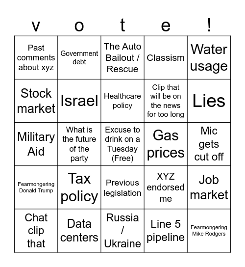 MI Senate debate Bingo Card