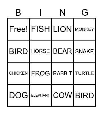 Animals Bingo Card