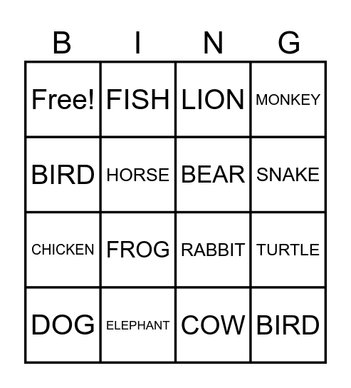 Animals Bingo Card