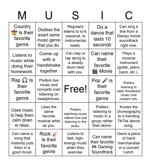 Friendship Bingo Card