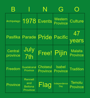 Solomon Island Independence Day Bingo Card