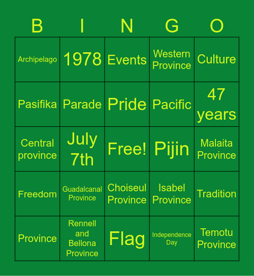 Solomon Island Independence Day Bingo Card