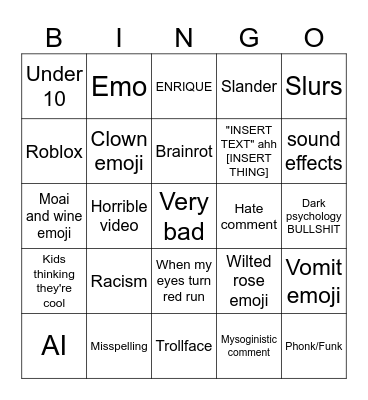 Stupid Youtube Comment Bingo Card
