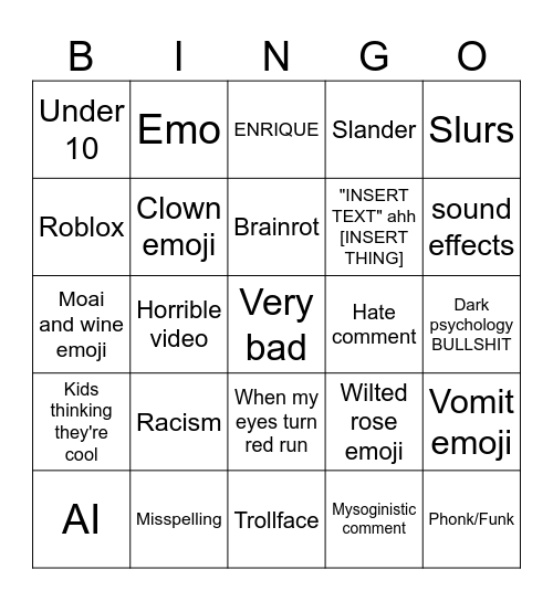 Stupid Youtube Comment Bingo Card